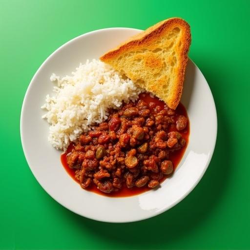 Bird's eye view of a plate featuring chili con carne served with rice and a slice of garlic bread. Background is solid green.