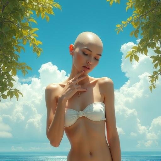 Highly detailed photorealistic portrait of a bald woman outside. She wears a delicate white bikini top. One hand touches her lips, other rests near shoulder. Eyes closed, showing deep thought. Background has a vibrant blue sky and fluffy white clouds. Lush green tree branches frame the image with sunlight on leaves. Soft diffused lighting with warm tones gives a serene atmosphere. Overall mood is introspective and mysterious.