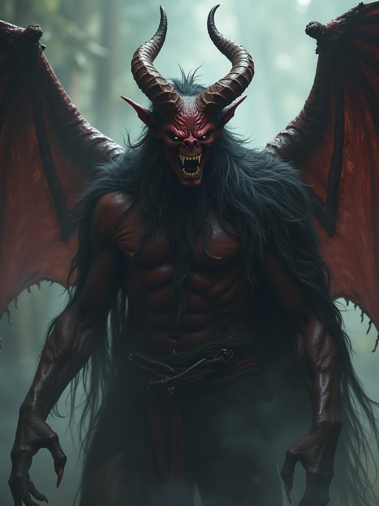 A muscular demon stands with red skin wings and horns. Background is foggy forest.