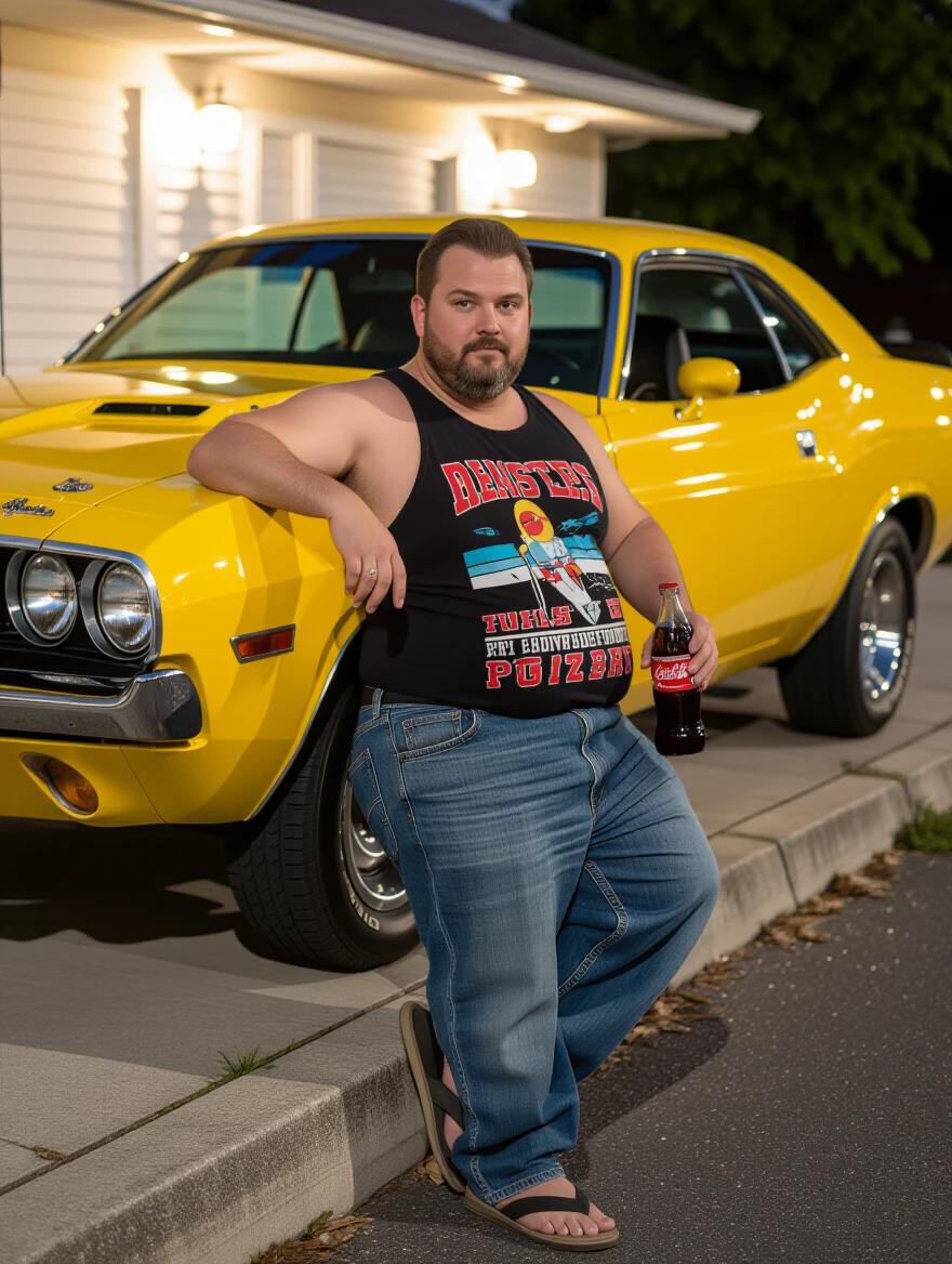 Candid photo of a man posing against a yellow Challenger. He holds a glass cola bottle. Wearing a vintage tank and cut-off shorts. Hair is messy and beard is prominent. Background shows a messy driveway. Focus on fun and retro vibes.