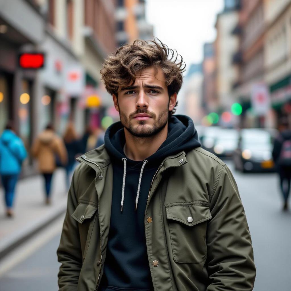 A young man with tousled hair wearing a casual jacket and hoodie stands on a busy street. He appears contemplative looking towards the ground. The urban environment is bustling with pedestrians and vehicles.