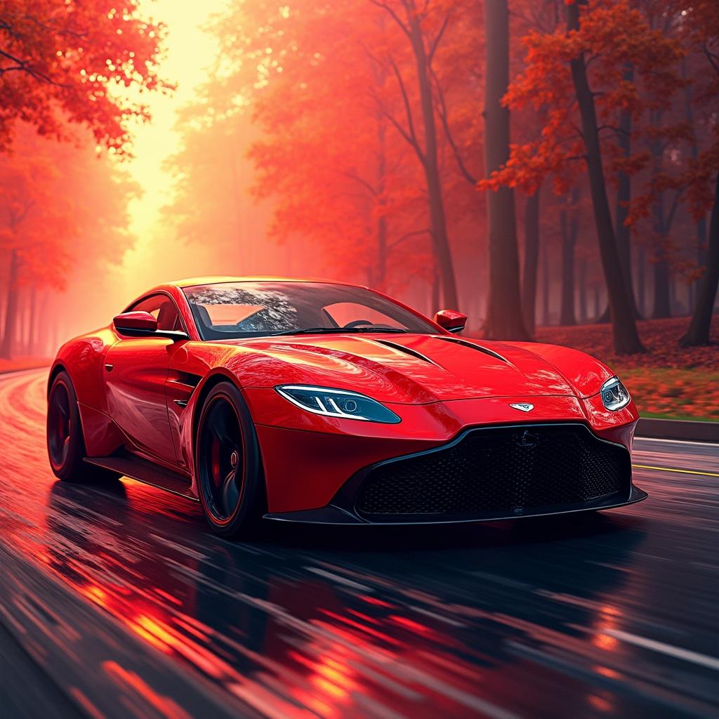 A sleek red sports car on a scenic autumn road with vibrant foliage.