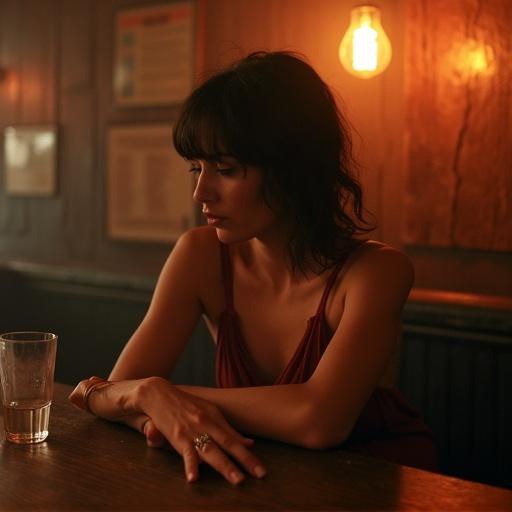 Hazy amber-lit interior of a late-night bar features a woman at a worn wooden table. Cheap faded burgundy silk dress damp from rain. Her fingers twist a silver ring nervously as she watches the door. Tension reflected in her posture. Low murmur of conversations and clinking glasses fill the room. A bare bulb casts shadows on her face, highlighting vulnerability in her dark eyes. She adjusts her dress strap, revealing delicate skin. Scene captured with shallow depth of field, focusing on textures and details for a cinematic look.