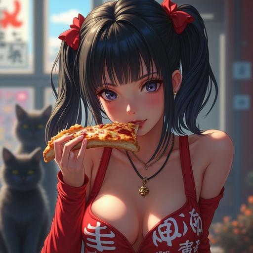 Supernatural surreal image of a young woman in Japanese gym uniform holding pizza toast on street in Akihabara. Black cat and ghost in background. Detailed vibrant colors and dynamic angle.