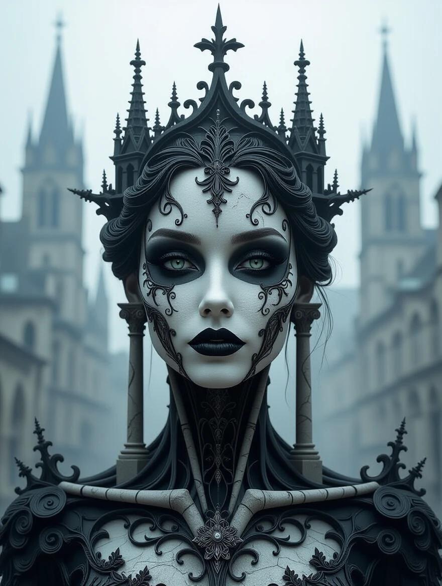 Gothic style portrait combines features with spires arches and carvings. Eyes nose mouth and chin maintain human characteristics. Neck formed by detailed stone columns with patterns. Background features gothic buildings under misty light creating a surreal dreamlike effect. Blending of reality and fantasy is showcased.