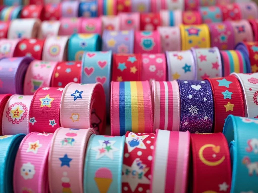 The image features a collection of colorful ribbons arranged neatly in rows. Each ribbon showcases various playful patterns, including hearts, stars, rainbows, and polka dots. The ribbons are predominantly in shades of pink, blue, red, and purple, creating a vibrant display. Some ribbons have glittery effects, adding a touch of sparkle, while others display fun graphics like unicorns and ice cream. The overall arrangement suggests these ribbons are meant for crafting or decorative purposes, appealing to a youthful aesthetic.