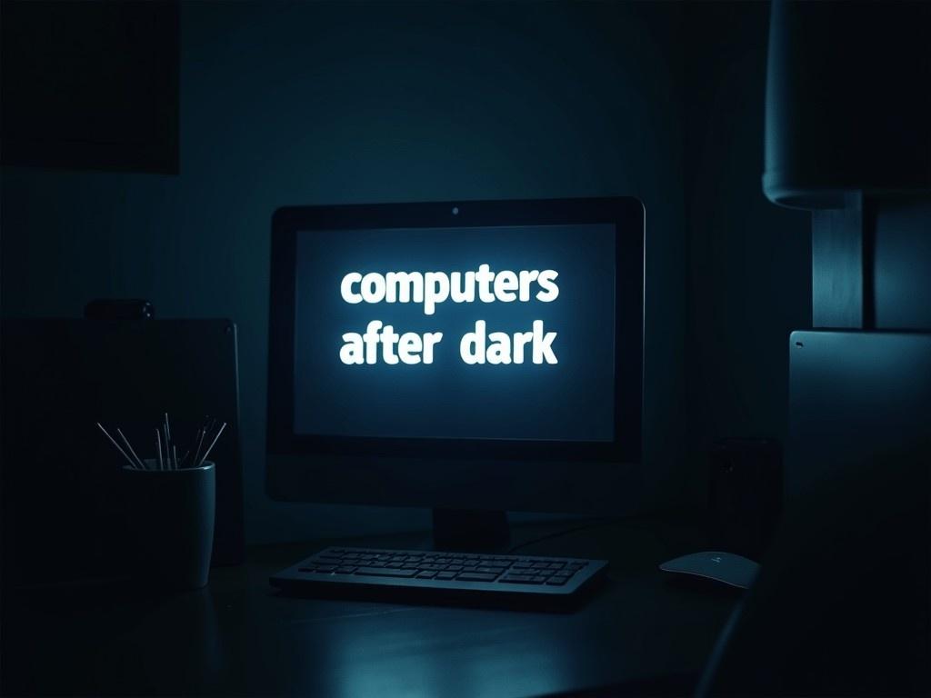 The image shows a dimly lit workspace with a computer screen that reads 'computers after dark.' The room is mostly dark, emphasizing the bluish glow of the screen. The desk features a sleek design with a few accessories like a cup of pens. This setup evokes feelings of a quiet, tech-focused environment. The scene conveys a sense of late-night productivity or contemplation in the digital age. The overall ambiance suggests a modern workspace where technology plays a central role.