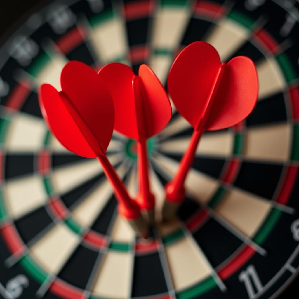 This image features four red darts perfectly concentrated in the bullseye of a dartboard. The dartboard has typical black and white segments, embellished with red and green. This scene captures a moment that showcases precision and accuracy in the game. The bright red color of the darts contrasts vividly against the board’s black and white layout. This visual symbolizes focus and strategic aim, perfect for illustrating skill in competitive dart playing.