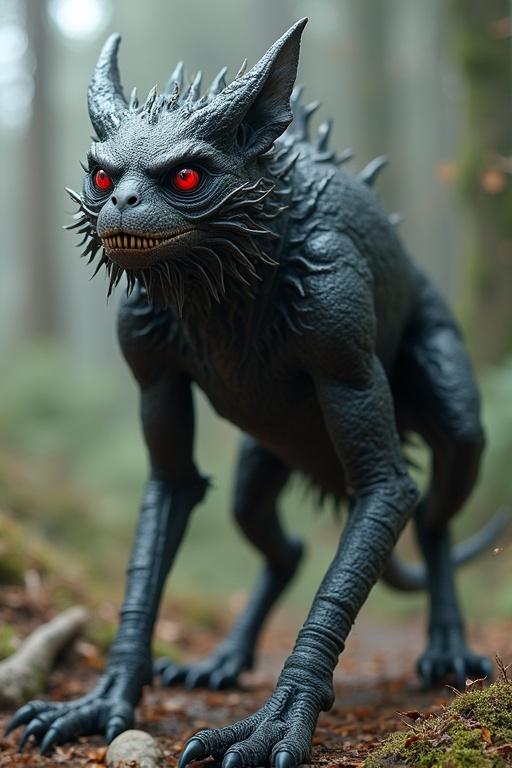 Four legged mythical creature with a large head and fangs. Red eyes and long talons for claws. Creature standing in a forest setting. Intricate details on its body and texture.