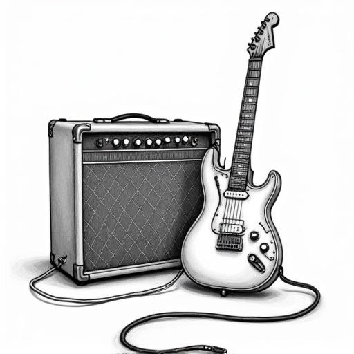 Black and white line drawing features a guitar amp and electric guitar tied together. The amp shows texture, and the guitar portrays realistic features similar to Aaron Horkey's art style.