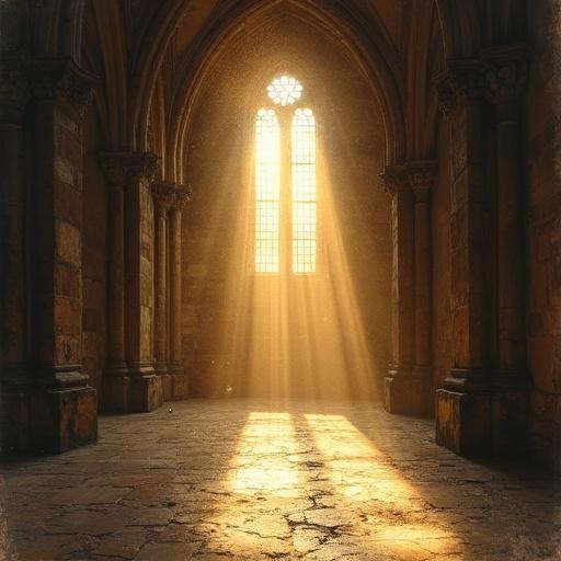 Beam of sunlight shines through ancient cathedral window. Dust particles illuminated like gold. Radiant charcoal tones with high contrast between bright shafts and deep shadows. Expressive smudges showcase dramatic tone.