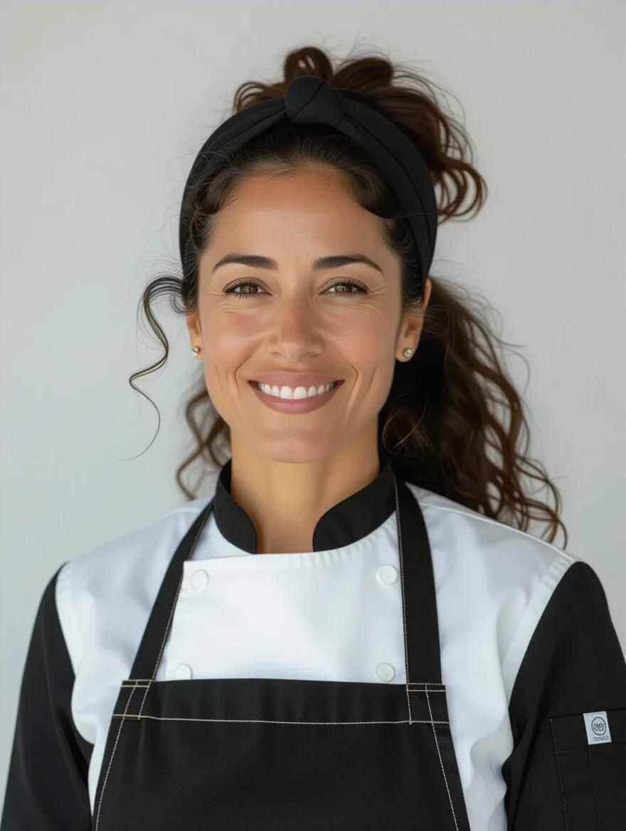 A woman stands with a gentle smile wearing a black apron. Background is a simple light-colored wall. She has long curly hair tied back with a black headband. She wears a black chef's shirt with long sleeves under the black apron. The scene suggests a culinary environment. Lighting is natural and realistic with soft shadows.