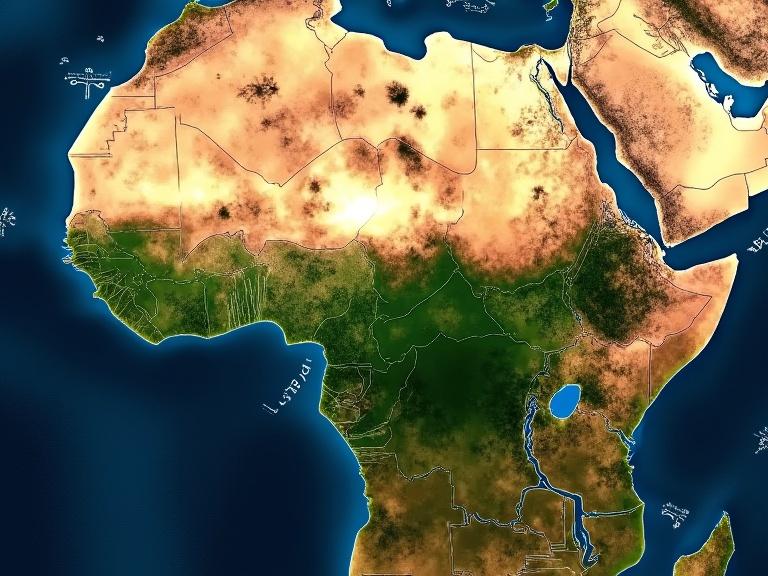 Show a side-by-side comparison of old European maps of Africa highlighting unexplored areas versus vibrant satellite imagery of West Africa. Include rivers and green areas with traces of ancient trade routes if possible.