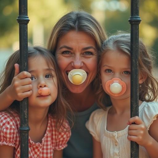 Playful scene of children engaging with their mother in a light-hearted way. Mother humorously appears trapped behind cage bars. Children have oversized pacifiers. The scene is sunny and warm.