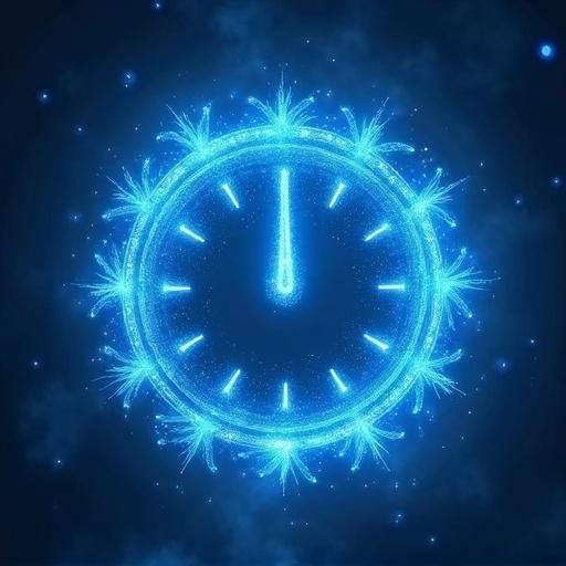 A blue image depicting a magical clock symbolizing frozen time. The clock features a glowing design, surrounded by sparkles and stars.