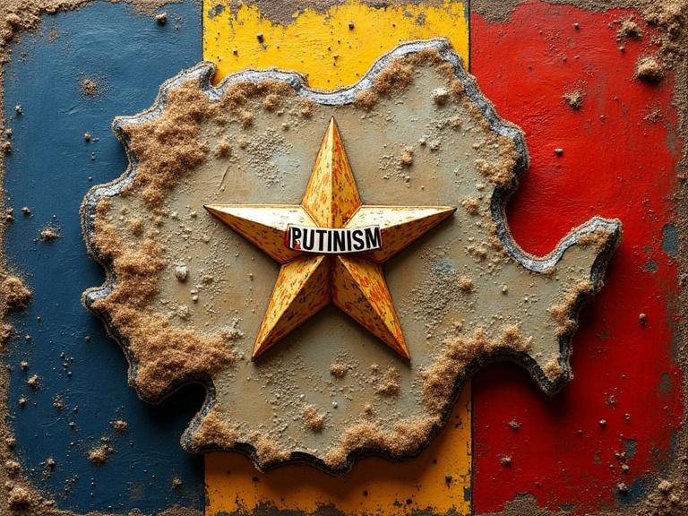 A mixed media artwork featuring a map of Romania and a Soviet star emblazoned with the word 'PUTINISM'. The artwork incorporates newspaper, jute fibers, wood, sand, and glittering confetti. It has various textures and layers, creating depth. The colors are dark and evoke a strong sense of atmosphere.