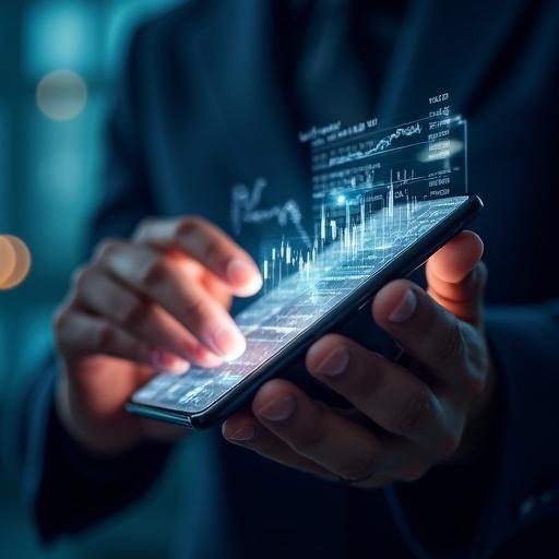 A creative shot of a person using a sleek financial app on a transparent smartphone. Background shows glowing stock charts and data visualizations. Represents mobile banking and investment.