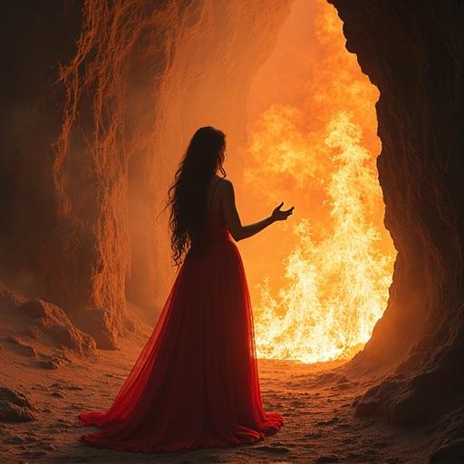 A fantasy sorceress in a flowing red dress stands in a cave. She is praying to the God of fire. Fiery flames illuminate the dark space behind her. The scene captures a mystical and powerful moment.