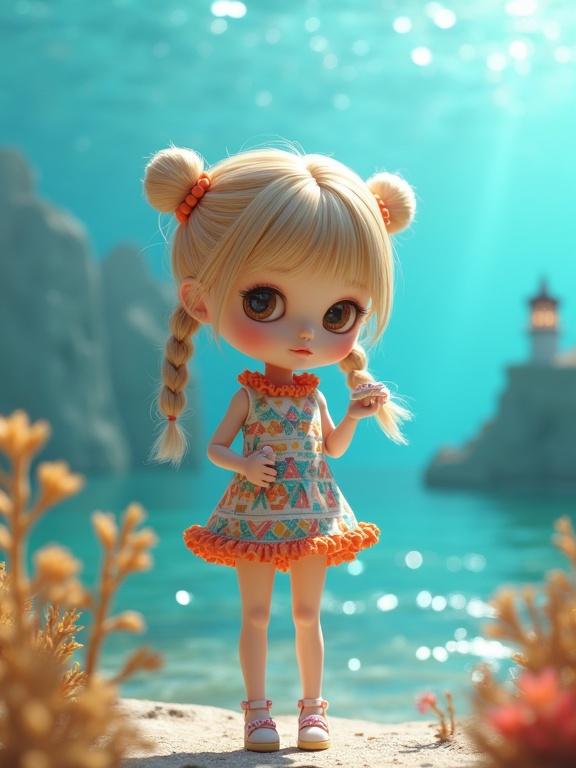 Photorealistic 3D art of a Blythe-style doll by the ocean. Colorful mini dress with geometric patterns and orange pom-poms. Background features sparkling water, a lighthouse, and underwater plants. Doll holds a small sea creature. Premium quality and high detail. Vertical format with nautical atmosphere.