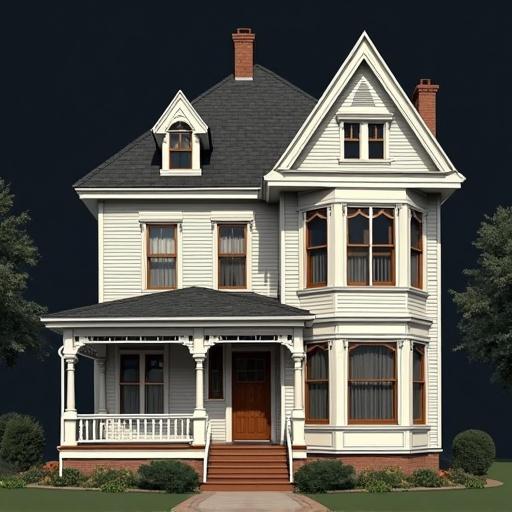 Old Victorian house render with steep gables and arched windows. Features a covered porch and light siding against a dark background. Architectural illustration style.