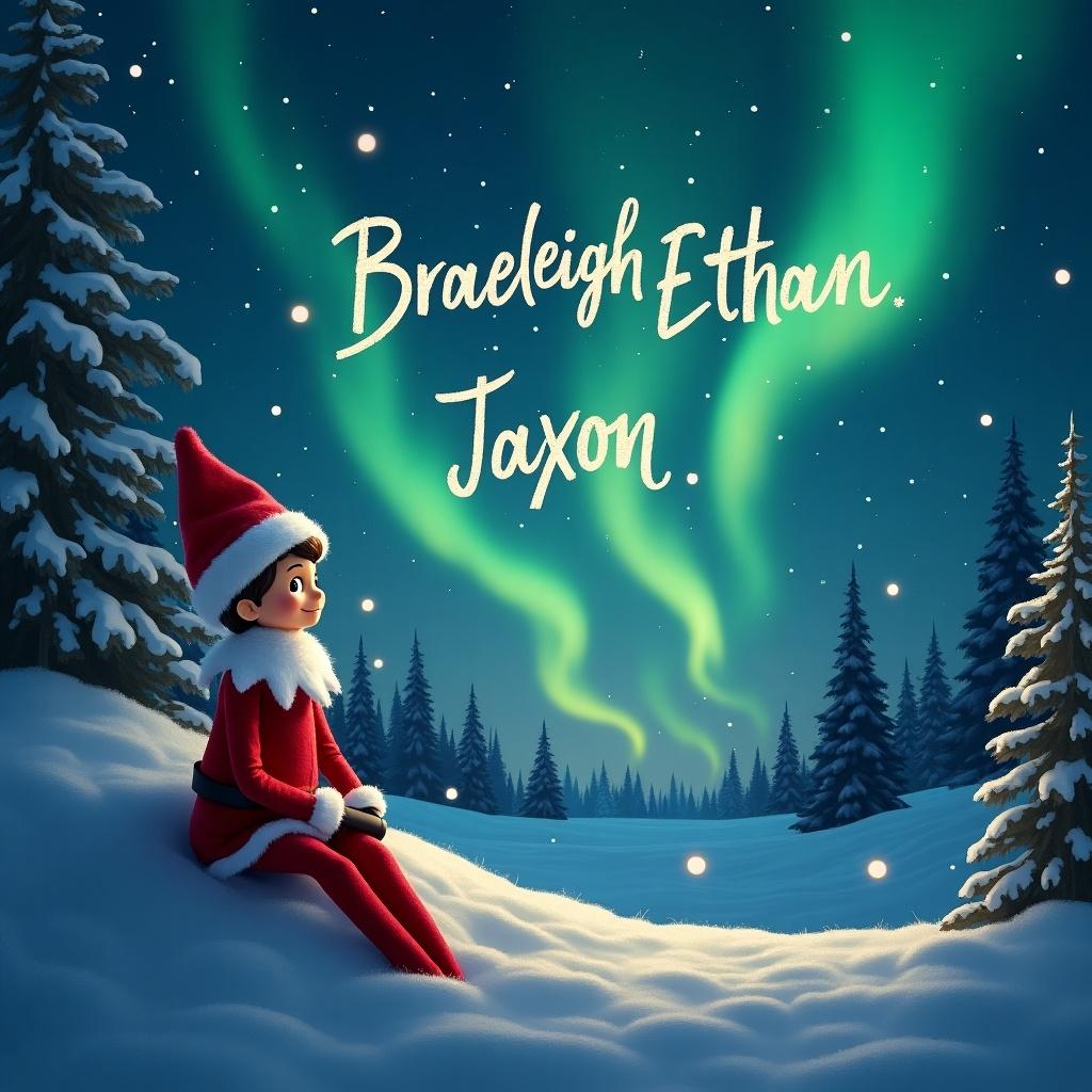 This whimsical image features an elf sitting in the snow, gazing up at the sky. The northern lights dance beautifully above, illuminating the snowy landscape. In the sky, the names Braeleigh, Ethan, and Jaxon are written in a playful, festive font. The scene captures the magic of Christmas, combining holiday charm with a sense of wonder. This artwork is perfect to evoke the holiday spirit and celebrate family traditions during the festive season.