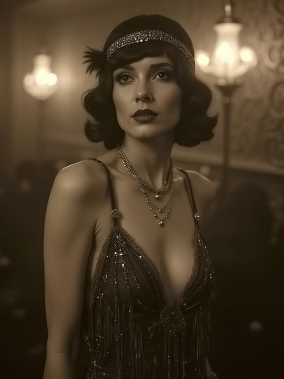 Vintage photo of a stunning beautiful singer in a 1920's speakeasy club. Wearing stylish flapper dress with beads and fringe. Features include symmetrical facial features and a soft focus vignette.