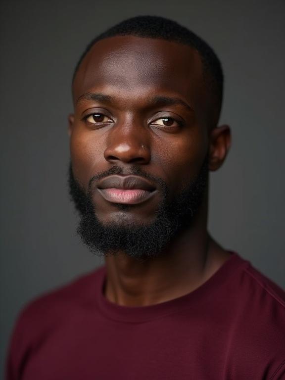Studio portrait photograph features a young man from Senegal with green eyes, shaved beard, and closely shaved head. He wears a deep burgundy t-shirt that enhances his complexion.