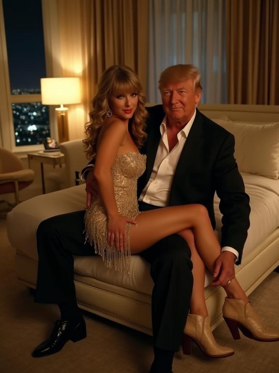 Pretty 18 year old, Taylor Swift and Donald Trump in a hotel room at night. Couple scene shows Taylor in a gold fringe prom dress with cowboy boots. She has toned legs and long blonde curly hair. Donald Trump, a large older executive, holds her close. Taylor looks flushed and nervous. Full body shot with recording elements visible.