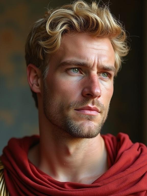 Portray a young roman emperor with blonde hair wearing a red robe. The emperor has no beard and has striking green eyes. Emphasize facial features and expressions.
