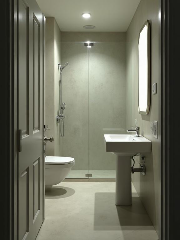 Zoomed-out view of a modern bathroom. Door is slightly open. No indication of a person present.