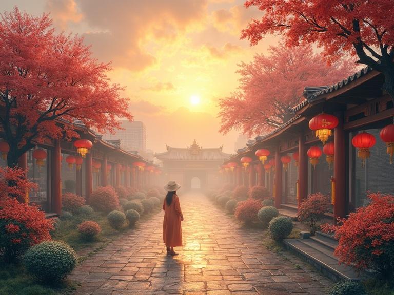 Outdoor scene at sunset in a tranquil setting. Path lined with vibrant red foliage and traditional lanterns. A person walks on a stone path with warm sunlight filtering through trees. Calming atmosphere with hints of cultural aesthetics.