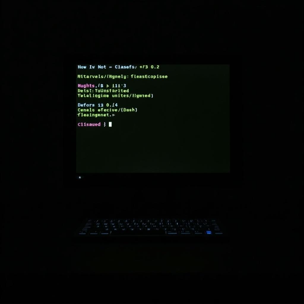 Black background with green text on an IBM monochrome monitor. Text includes coding and commands. A keyboard is visible in low light.