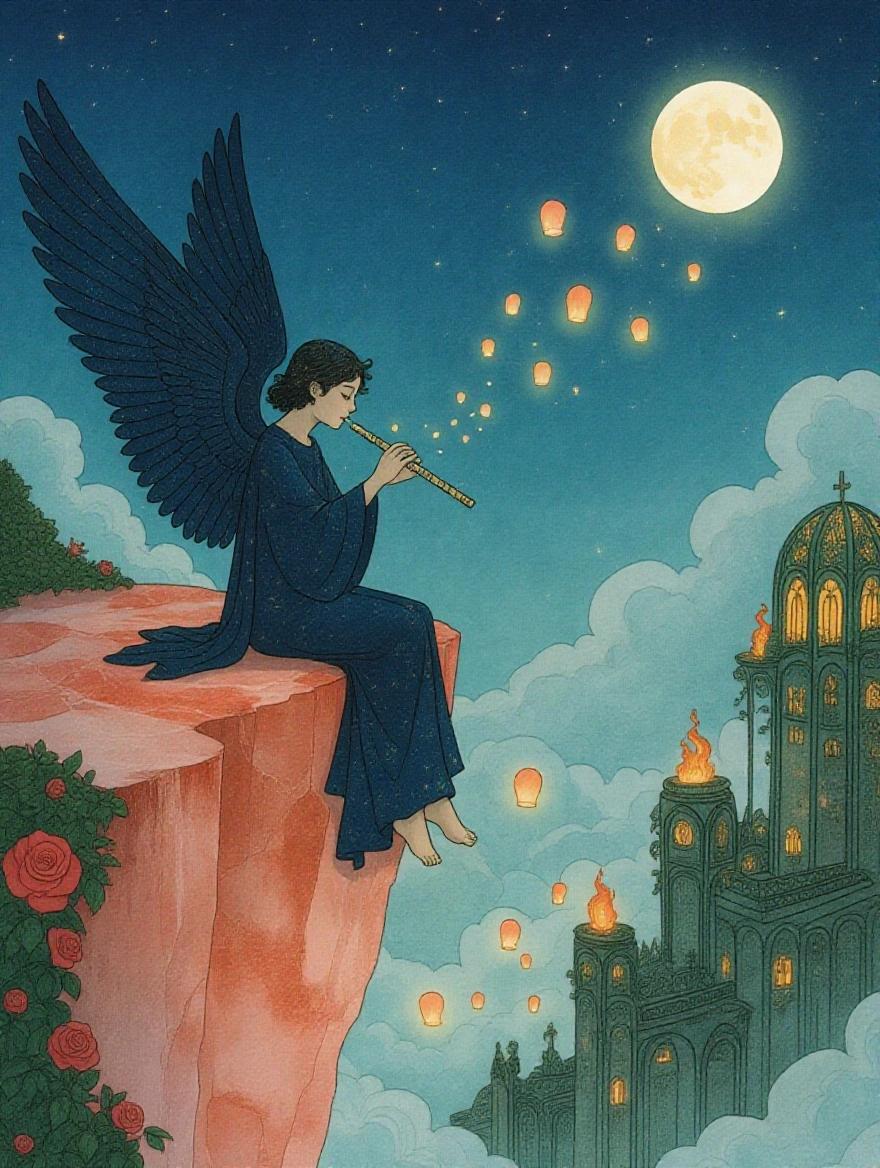 A youthful angel plays the flute on a cliff. Night sky skin dotted with stars. Wings resemble musical instruments. Light materializes around souls. Below a sea of fog holds colorful paper lanterns. Abandoned city in the background, with art nouveau buildings. Exotic birds fly in formations.