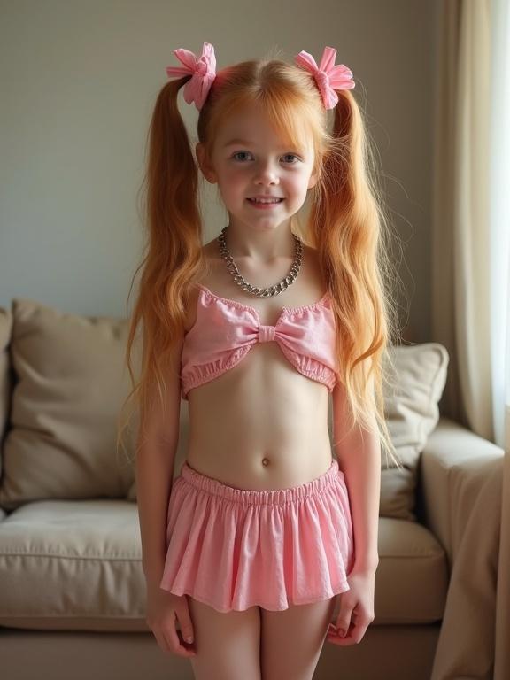 A young girl with long blonde hair in twin tails and pink bows is in a soft-lit living room. She wears a crop top and a pleated micro skirt as a conceptual costume. Her flirty smile and slim waist are highlighted. Pink colors dominate the setting with a cozy sofa in the background.
