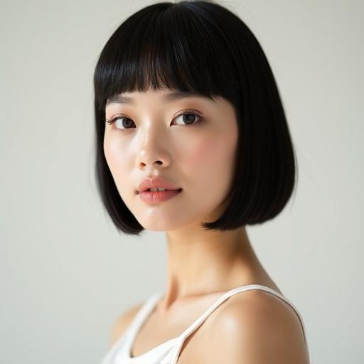 Young woman poses confidently in a minimalist studio. She has a sleek blunt bob haircut and refined features. Soft diffused lighting enhances her porcelain complexion. Subtle taupe eyeshadow and delicate mascara highlight her almond-shaped eyes. Her lips curve in a half-smile. Off-white backdrop frames the portrait.