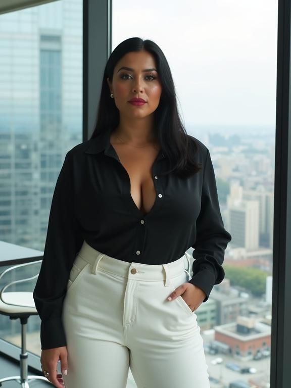 Latina woman in a black shirt and white pants stands in an office with a city view. She has straight black hair, a touch of lipstick, and a confident expression. The scene features an office table and chair against a skyscraper backdrop.