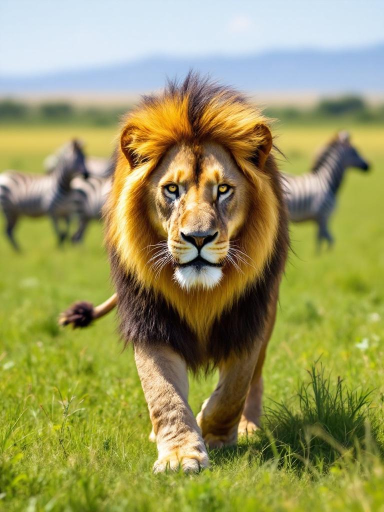 Lion walks in the savannah landscape. Zebras are in the background. Bright sunny day over a green grassy plain.