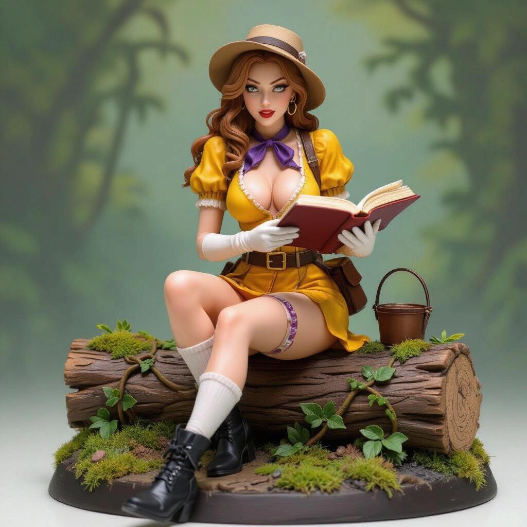 Stylized ultra-detailed resin figure of a woman with light brown hair. She has an athletic sensual body as a young jungle explorer. Sits on a mossy log reading a book. Wears a yellow explorer dress with purple tie. Plunging neckline and slit skirt. White gloves and black ankle boots. Distressed white stockings and a small bucket hat. Hair in loose waves. Base has tropical plants and roots.