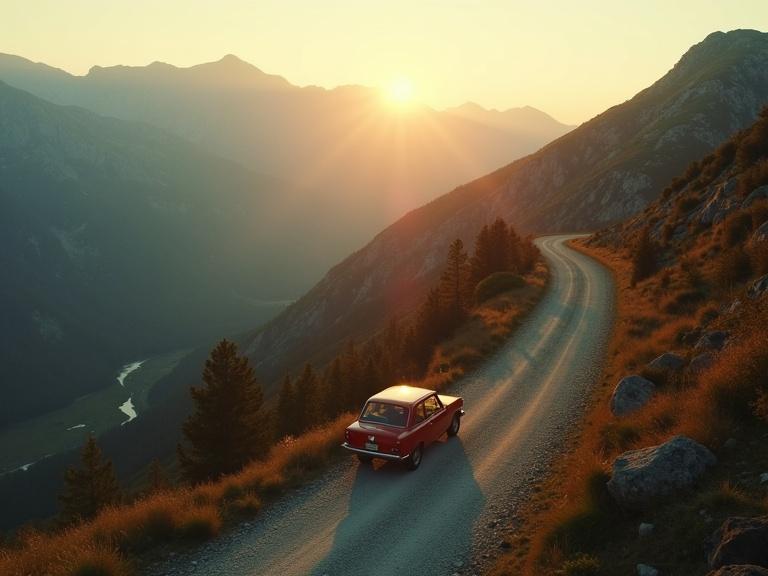 A vintage red car driving on a winding road near Lovćen Mountain during dawn. Mountains in the background. Soft light casts warm hues across the landscape. A winding path showcases the scene's beauty. Emphasis on the car and natural surroundings.