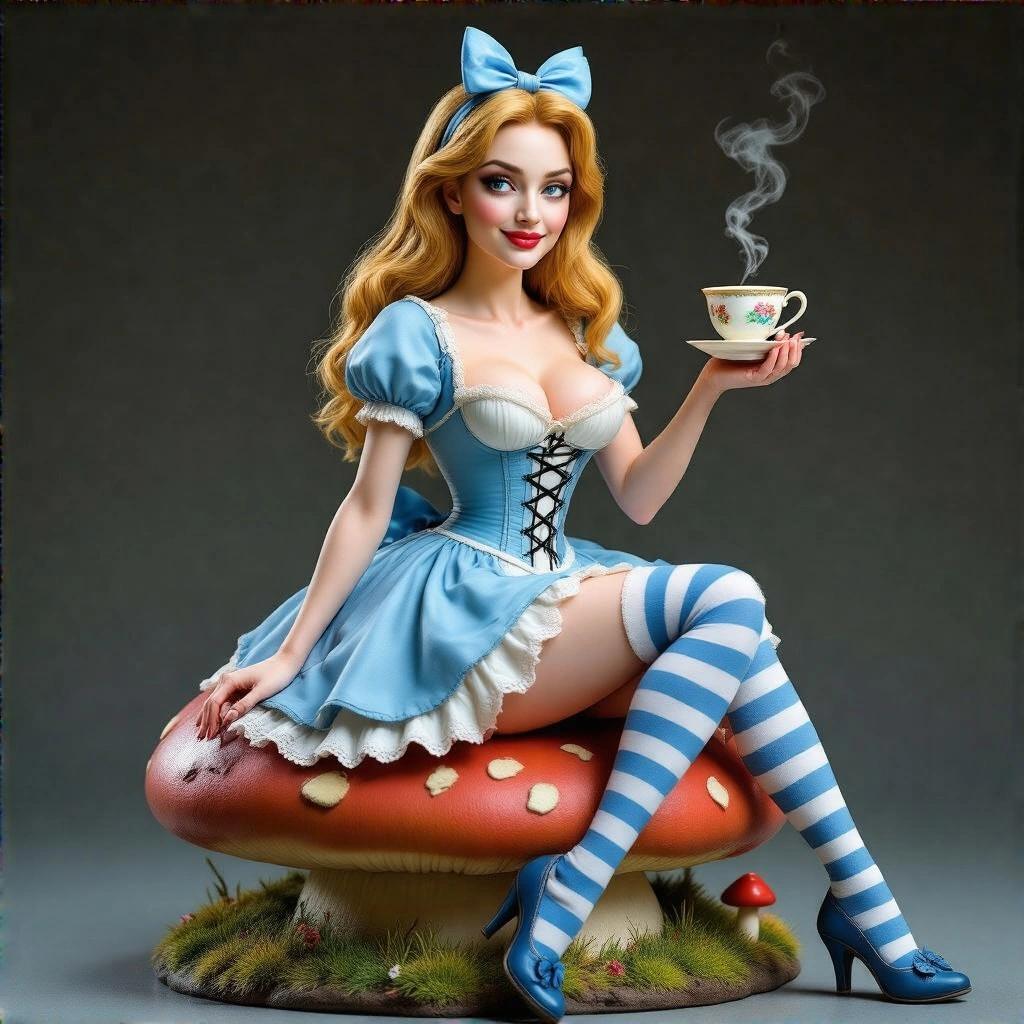 Detailed resin sculpture of a beautiful woman inspired by Alice in Wonderland. Woman has realistic proportions with slender body and feminine face. Sitting cross-legged on a large mushroom holding tea cup. Smiling softly with a dreamy look. Wearing light blue dress with a corset and lace skirt, blue bow on head, blue and white striped stockings. Backdrop has a twisted tree with Cheshire Cat. Scene includes pocket watch, flowers, petals, teacups, and saucers. Elegant and charming theme.