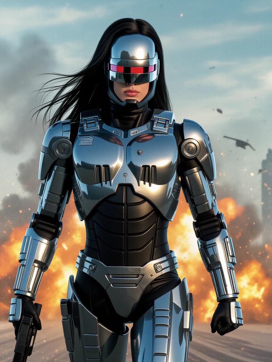 A female character resembling a futuristic Robocop, with long black hair, wearing a chrome suit and visor helmet. She holds a gun confidently, walking towards the viewer against a backdrop of explosions.