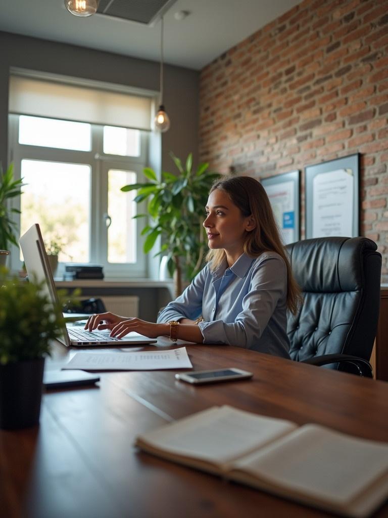 Office space with a desk and a computer. Large window providing natural light. Potted plants in the background. Warm wooden furniture and brick wall create a cozy atmosphere. Person typing on the computer in a thoughtful pose.