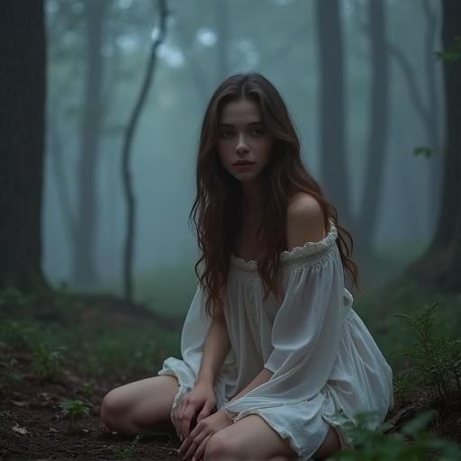 A young woman sitting quietly in a misty forest. She has long brown hair and is wearing a nightie.