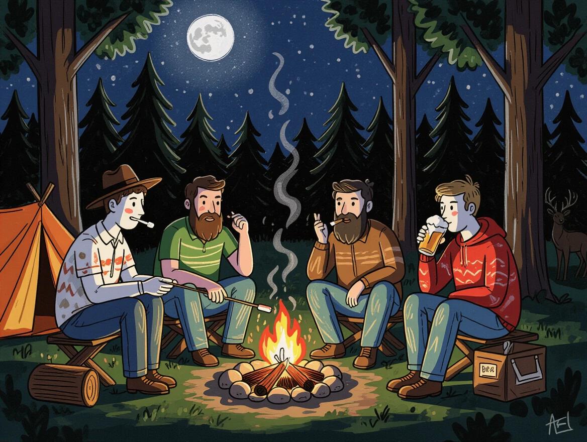 A dark scene set at night featuring four individuals around a lively campfire. One is roasting marshmallows on a crooked stick and sports a hat. The second is smoking a joint with a full beard. The third is animatedly telling a story while gesturing with his hands. The last is enjoying a beer. Surrounding them are tall trees and a bright full moon. Part of a tent is visible, alongside a deer lurking in the shadows.