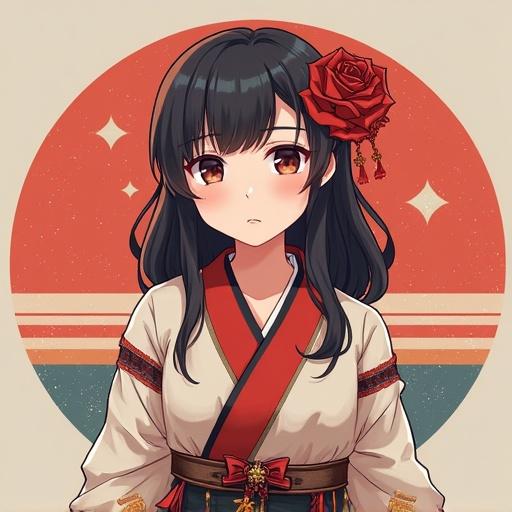 A young Japanese woman dressed in traditional clothing displays a serene demeanor. The background features a circular emblem combining red and soft blue tones. A flower adorns her hair as part of the design.