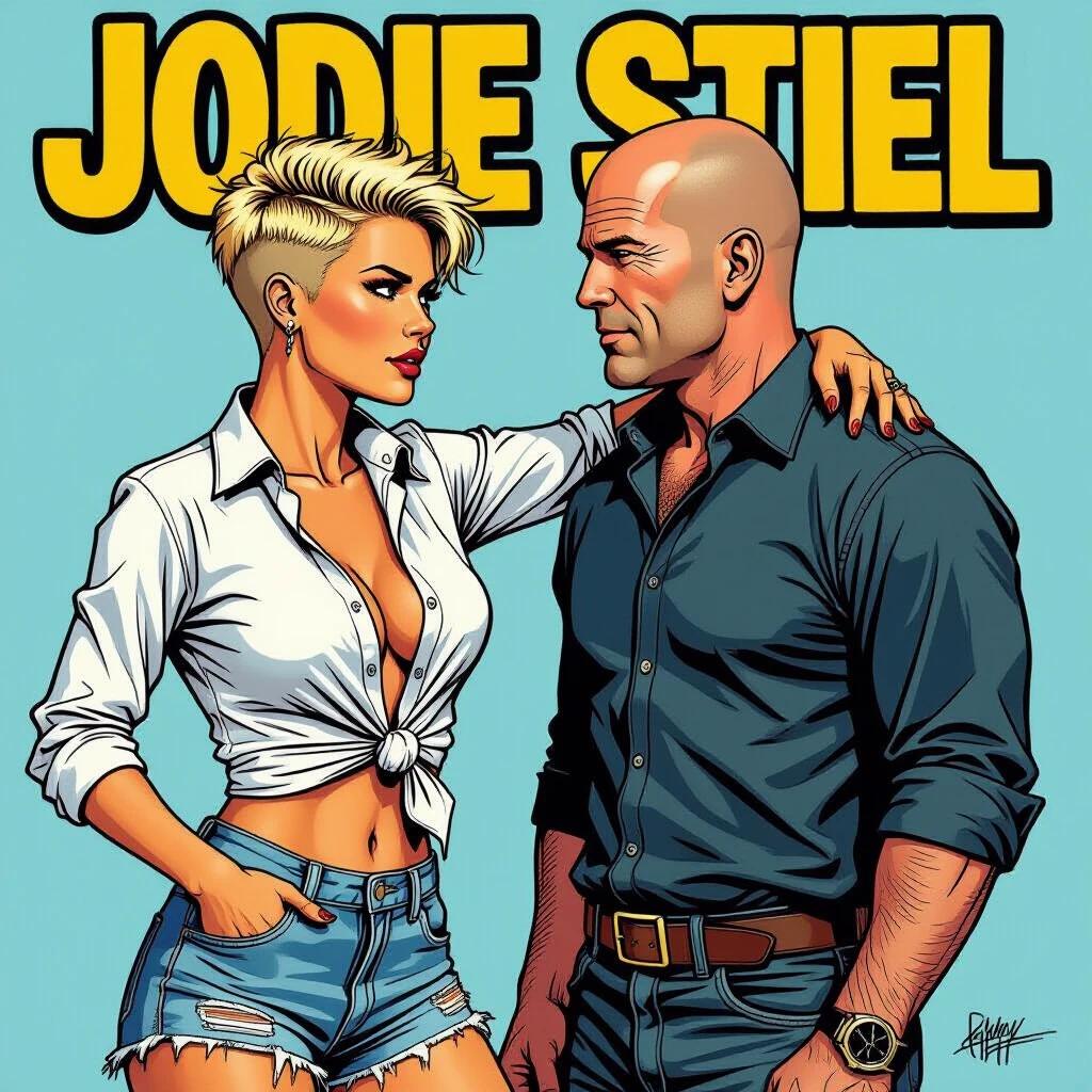 Comic strip style illustration featuring confident female character and famous male actor. Female character has short blonde hair styled in punk fashion. She wears unbuttoned white shirt knotted at the waist and ripped denim shorts. She faces actor with one hand on his shoulder and other on her hip. Strong contour lines and photorealistic colors are used in the artwork.