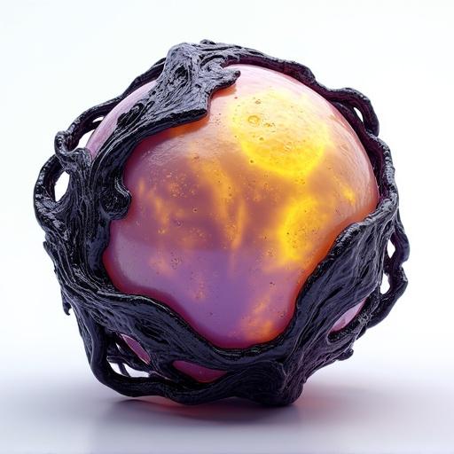 Highly detailed futuristic sci-fi sphere with organic alien-like design. Sphere glows neon yellow and purple with soft textured surface. Glossy black tendrils wrapped around sphere in biomechanical pattern. Material of tendrils reflective like liquid metal. Set against clean white background with soft lighting. Hyper-realistic rendering high detail 8K resolution.