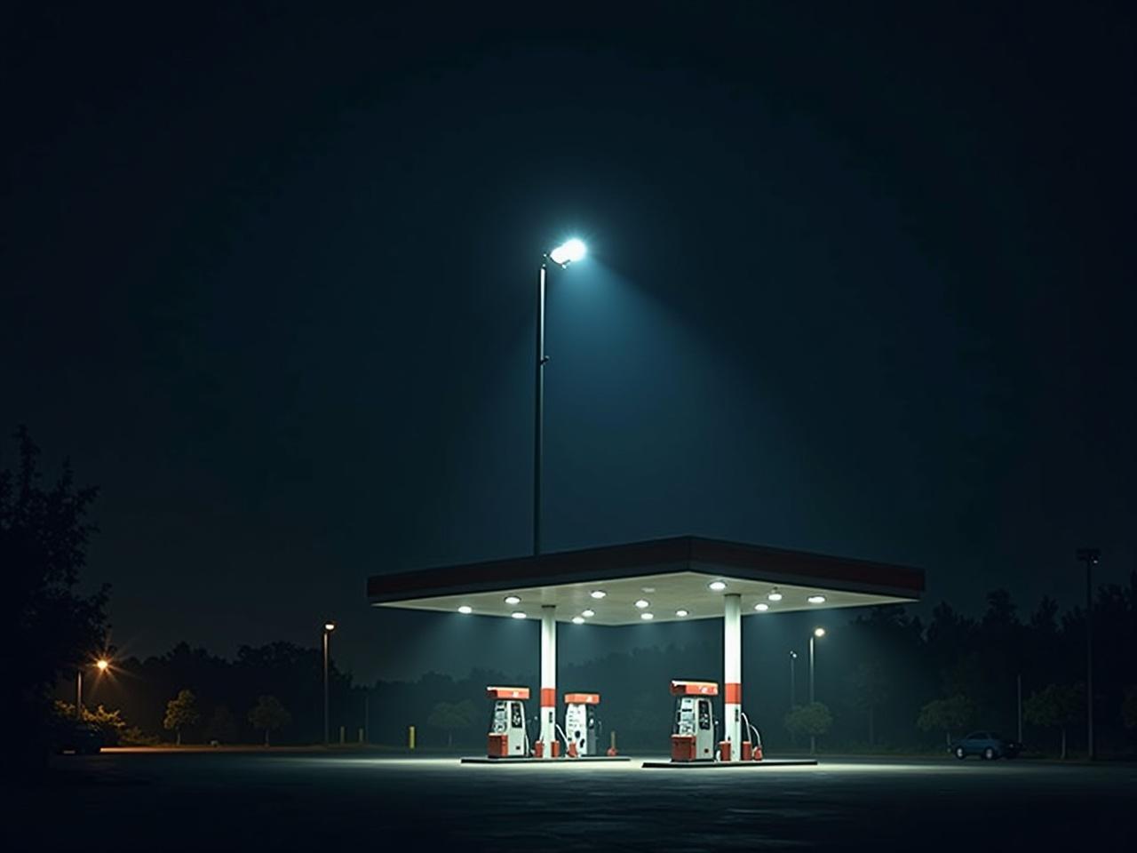 A serene night-time gas station stands alone, surrounded by darkness. The scene is beautifully illuminated by a tall floodlight, casting a soft yet dramatic glow over the pumps. The bright red accents of the gas station contrast with the deep night colors. This tranquil setting evokes a sense of peace and solitude. It's a moment where time feels paused, inviting reflection and inspiration.