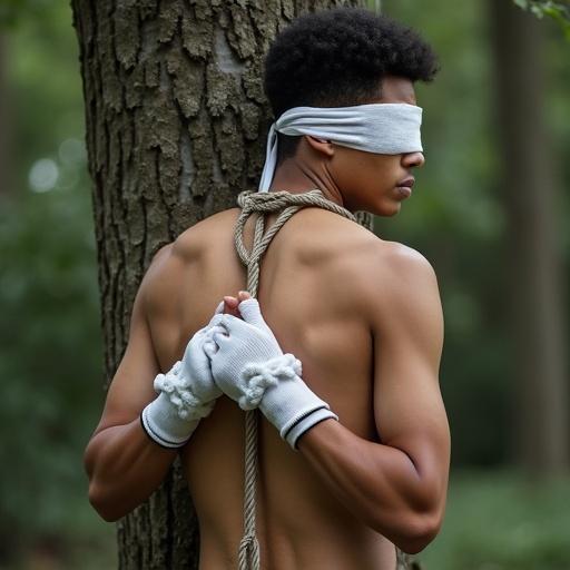 Young man tied to a tree and blindfolded. Wearing white Nike crew socks. Hands tied behind back.