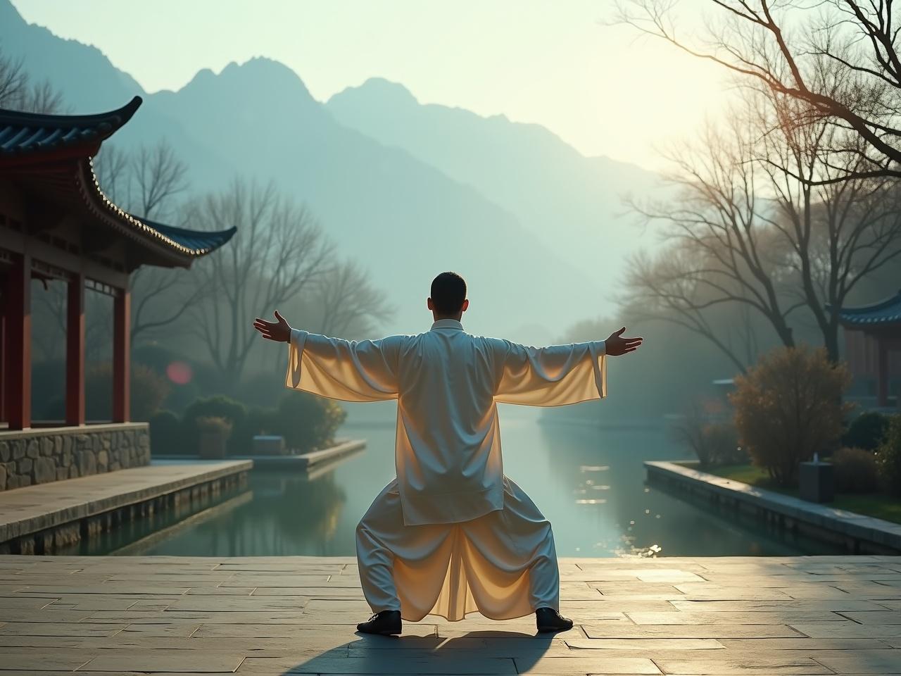 Aerial image. Cinematic image features a performer in a graceful Tai Chi Chuan sequence in a tranquil Chinese garden, embodying the practice's beauty and serenity. The figure is facing directly toward the camera, showcasing the global reach of Tai Chi. It's early morning, with snowcapped mountains in the background, adding to the serene atmosphere. The scene is hyper-realistic, capturing the essence of the moment perfectly. Shot on an Arriflex for stunning detail and clarity.